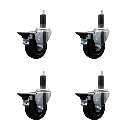 Service Caster 3.5'' Soft Rubber Swivel 1-1/8'' Expanding Stem Caster Set with Brake, 4PK SCC-EX20S3514-SRS-PLB-118-4